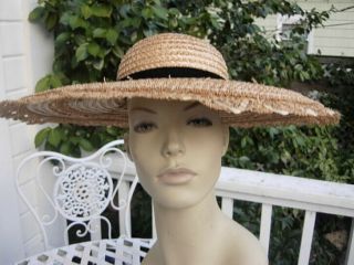 Vintage 1930s 1940s Hat Wide Brim Summer Tan Straw Vtg Open Crown