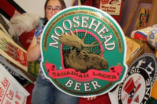Vintage Moosehead Canadian Lager Beer Gas Oil 26 " Embossed Metal Sign