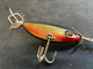 Vintage Heddon Dowagiac Sos Wounded Minnow Wooden Fishing Lure W/glass Eyes