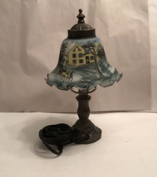Vintage Hand Painted Art Glass Lamp American Winter Scene Currier & Ives Lamp