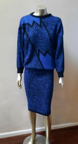 Vintage 80s Retro Knit Sweater Top Skirt Art Deco Mod Fitted 2 Pc Skirt Suit