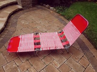 Vintage Red Folding Outdoor Vinyl Aluminum Tube Chaise Lounge Lawn Chair 2