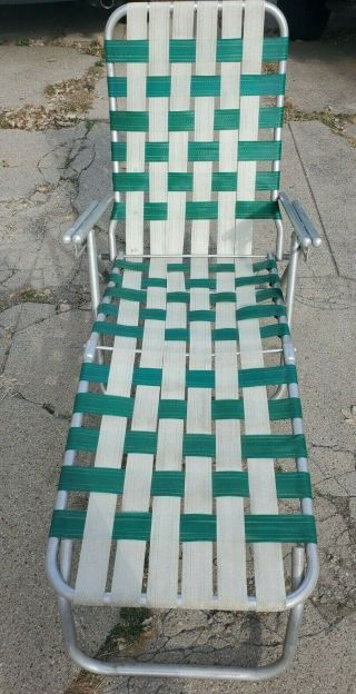 Vintage Aluminum Adjustable Green & White Chaise Lounge Chair All