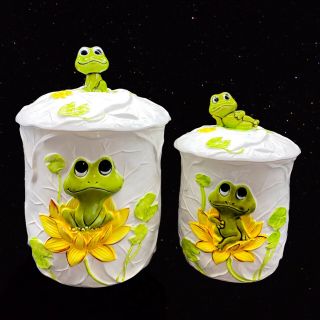 Vintage 1976 Neil The Frog Sears Roebuck Ceramic Canister Set 2 Japan Green Frog