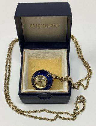 Vintage Bucherer Blue Enamel Ball Pendant Watch Necklace 26 " (20.  2 G. ) W/ Box