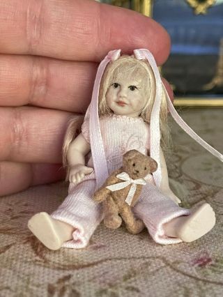 Vintage Miniature Dollhouse Doll Artisan Porcelain Little Girl Blonde Teddy Bear