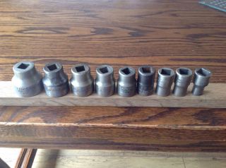 9 Vintage Elora 3/4” To 3/16” Bsw Whitworth Sockets With 1/2 " Drive.
