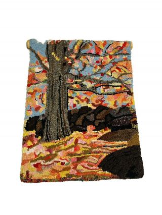 Vtg Boho Hooked Rug Wall Hanging Wool Fall Tree Scene Gorgeous Euc 24”x18”