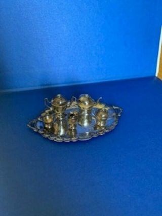 Vintage Miniature Dollhouse Sterling Silver Tea Set Oval Tray & Turquoise