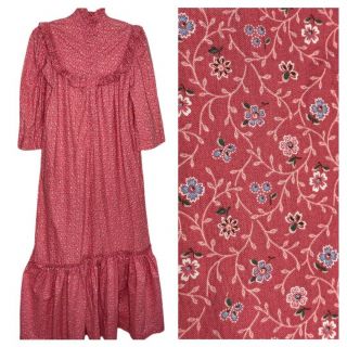 Vintage Hilda Hawaii Pink Floral Prairie Maxi Dress Ruffles Boho Small Medium