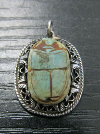 Vintage Egyptian Revival Sterling Silver Carved Stone Scarab Pendant Amulet
