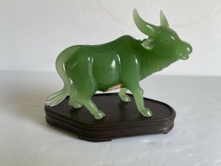 Vintage Prrc Chinese Carved Jade Jadeite Stone Water Buffalo W Base,  Label 20th