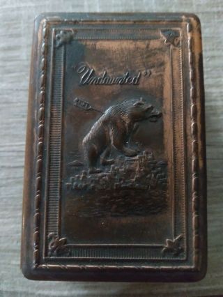Vintage Brass Bronze Metal Matchbox Holder Undaunted Bear W/arrow Calif Ins Co