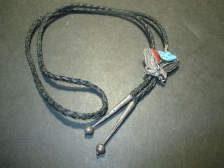 Vintage Bennett Pat.  Pend Sterling Silver Eagle Bolo Tie With Turquoise & Coral