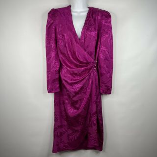 Vintage 80s Night Visionz Fuchsia Pink Floral Satin Wrap Dress Rhinestones 7/8
