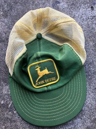 Vtg John Deere Patch Mesh Trucker Hat Snapback Cap Louisville Usa Yellow Green