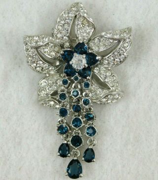 Vintage Signed Nolan Miller Sapphire Clear Rhinestone Flower Dangle Brooch Pin