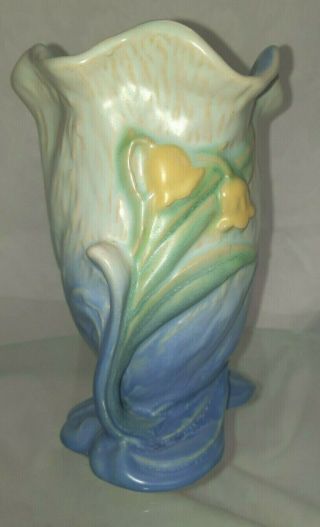 Vintage Weller Pottery R - 3 Art Deco Blue Bell Yellow Daffodil Floral Relief Vase