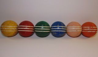 Old Vintage 1960s Set Of 6 Three 3 Striped Ribbed Croquet Balls W Rare Pink Ball