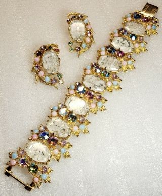 Vintage Aurora Borealis Rhinestones Juliana Style Bracelet & Clip Earrings Set