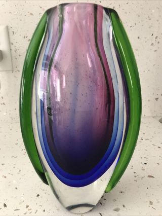 Vintage Handmade Purple Shades Green Sommerso Art Glass Vase 8.  25  Murano?