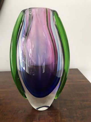 Vintage Handmade purple shades green Sommerso art glass vase 8.  25  Murano? 2