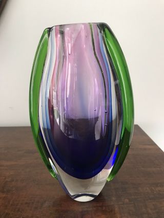 Vintage Handmade purple shades green Sommerso art glass vase 8.  25  Murano? 3