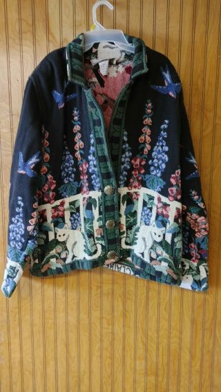 Vintage Claire Murray & Painted Pony Cat & Flowers Cotton Woven Tapestry Jacket