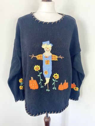 Vintage 90s 80s Black Embroidered Pumpkin Scare Crow Halloween Kitsch Jumper Xl