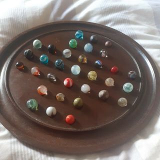 Vintage Mahogany Solitaire Board,  33 Handpicked Vintage/antique Marbles