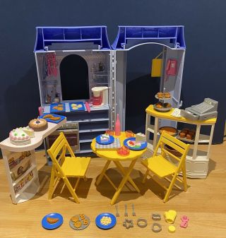 Barbie Bakery Bake Shop & Cafe Fold Out Playset With Table Chairs & Accessories