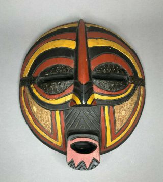 Vintage Ga Tribe Mask Hand Carved Wood Round Face Wall Art God Colors