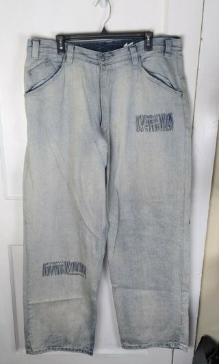 Vtg Karl Kani Hip Hop Baggy Jeans 38x34 Light Wash 2pac Stitch Distressed Rap