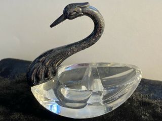 Vintage 835 Silver & Cut Glass Crystal Double Divided Swan Salt Cellar