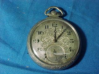 Early 20thc Illinois Pocket Watch W Silver Deco Case 17 Jewels Runs Good