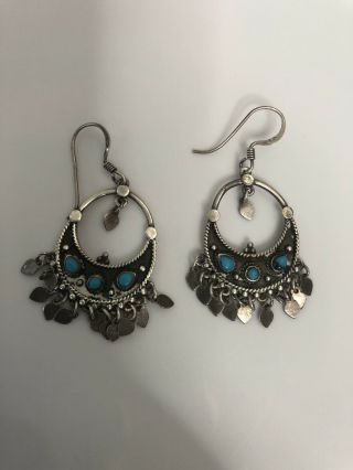 Vintage Sterling Silver Taxco Mexico Turquoise Dangle Earrlings Frida Kahlo