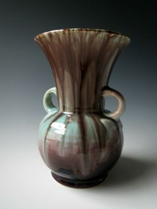 Vintage Ceramic Vase Germany Turquoise Brown Drip Glaze Double Handle Urn Mcm