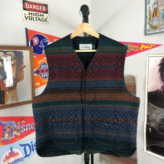 Vintage Ll Bean Wool Vest Aztec Pattern Multi - Pocket Usa Made Men 