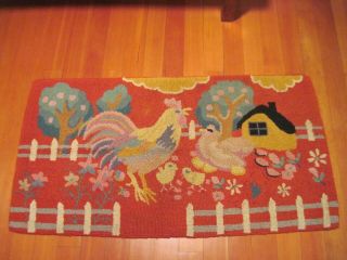 Vintage Hand Hooked Rug Barn Scene Rooster Hen Chicks Autumn Colors