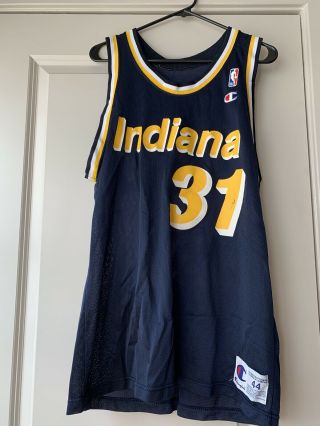 Vintage Champion Reggie Miller Indiana Pacers Jersey Size 44 Blue Yellow White
