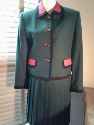 Vtg John Meyer Of Norwich 100 Wool Green Pleated Skirt Suit Size 6 P10562