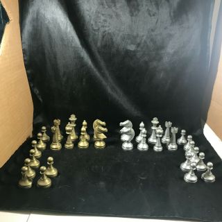 Vintage Solid Brass Pewter Metal Chess Set Heavy No Board