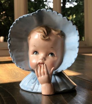 Vintage Baby Boy Blue Vase Planter Head Hand Bonnet Mcm Enesco ? Rare