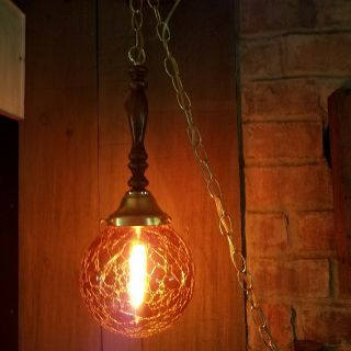 Vintage Crackle Amber Glass And Brass Hanging Swag Lamp.
