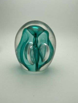Robert Buick Canada Signed Turquoise Clear Art Glass Heavy Paperweight - 4 " H Vtg