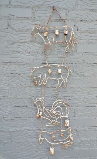 Vintage Rustic Metal Iron White Farm Animals Wind Chime Bells Hand Forged 37 " L