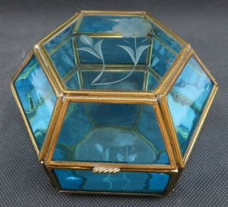 Large Vintage Brass & Blue Glass Hinged Jewelry Trinket Box Mid Century Deco