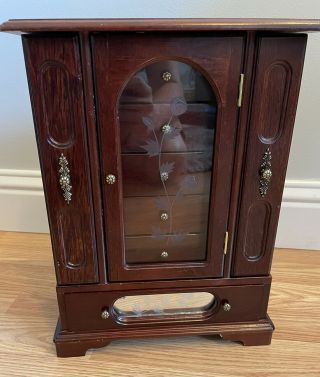 Vintage Wooden Jewellery Box/cabinet.  Etched Glass Very Rare
