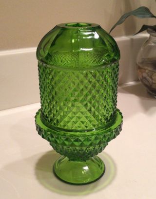 Vintage Viking Glass Green Diamond Point Glimmer Fairy Lamp Candle Holder - Euc