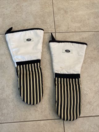 Vintage Aga Oven Mitts Gauntlet Gloves (pair) Black And Cream Stripe